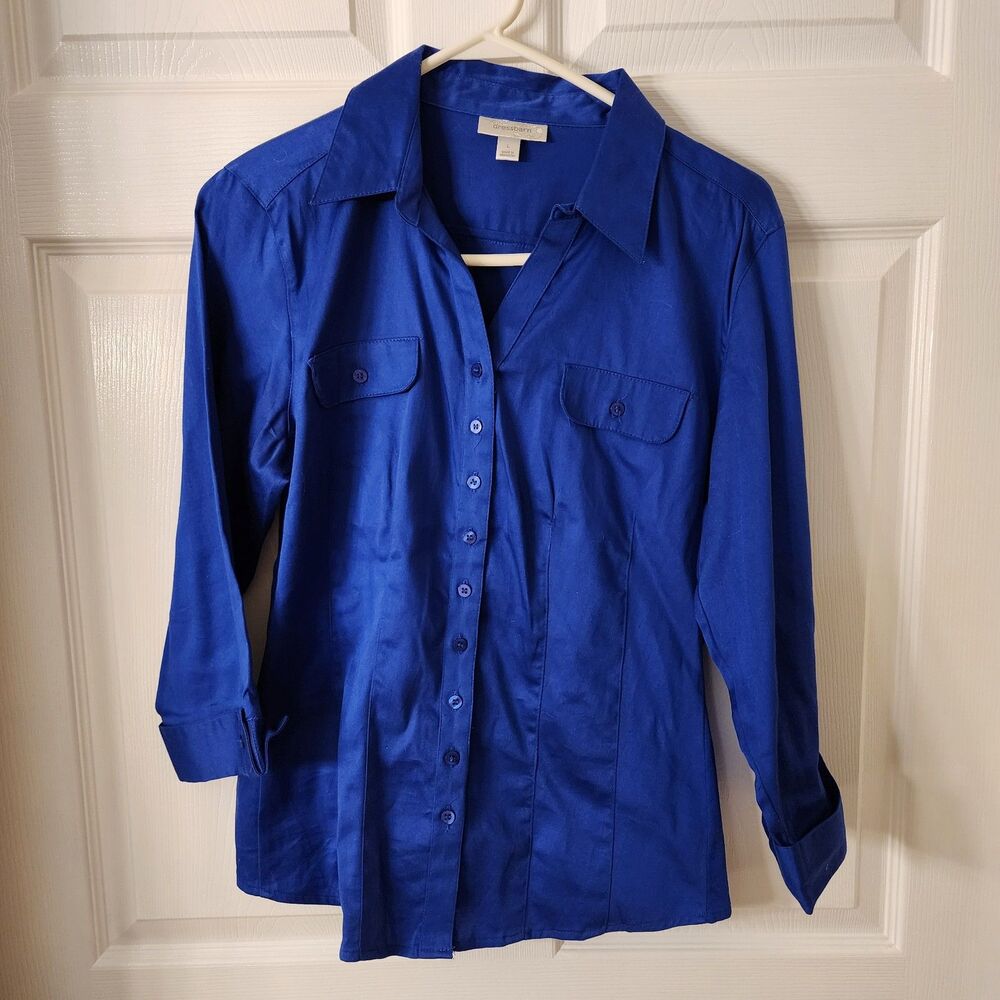 Dressbarn Large Blue Button Down Blouse with 3/4 length sleeves